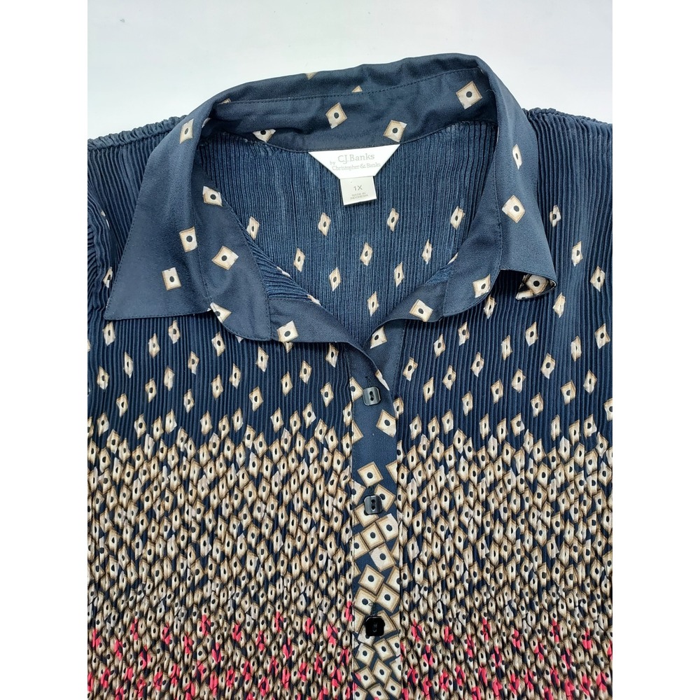 CJ Banks Christopher & Banks 1X Blouse Top Diamond Print Pleated‎ Navy